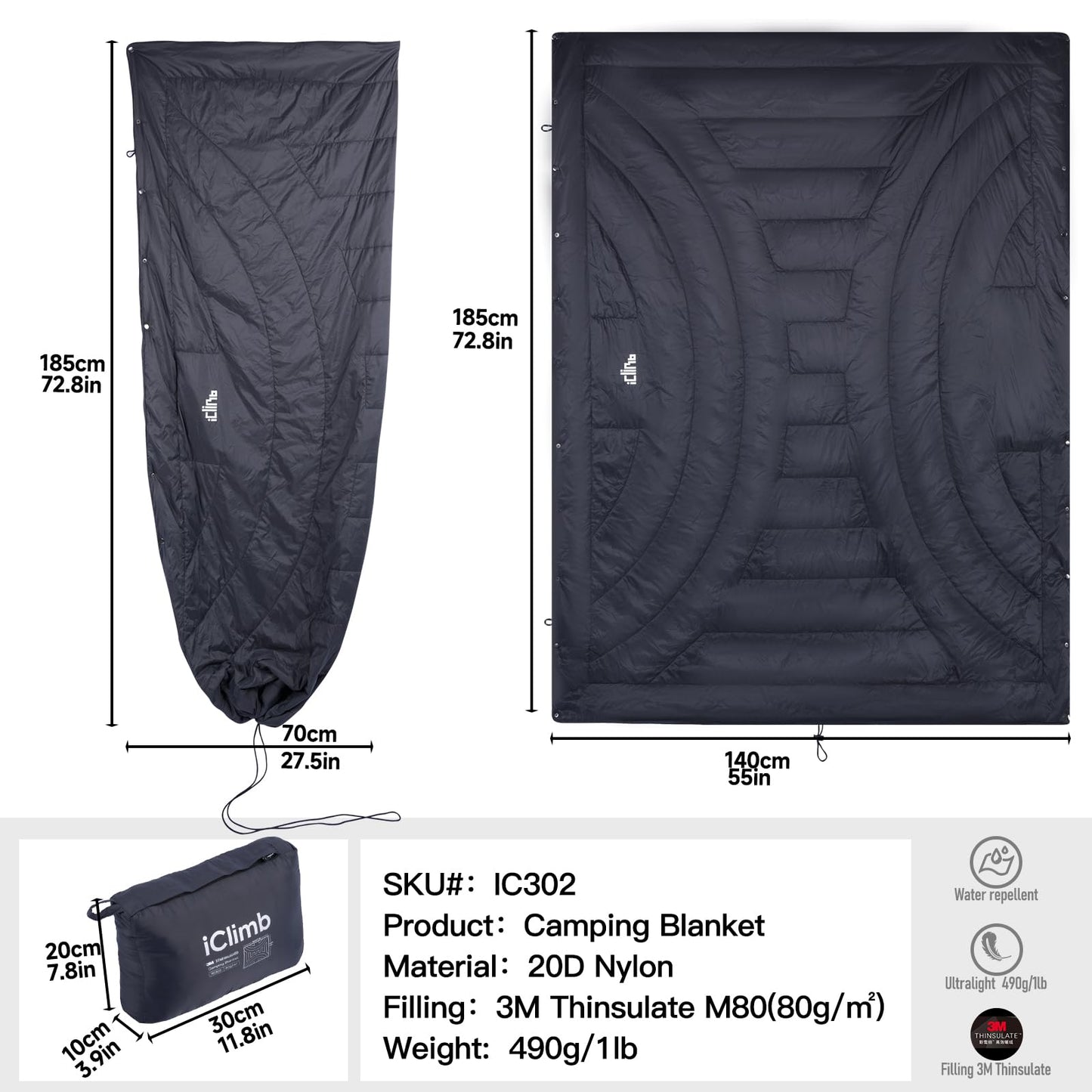 iClimb 3M Thinsulate Insulation Warm Camping Blanket Ultralight Compact (Dark Grey)