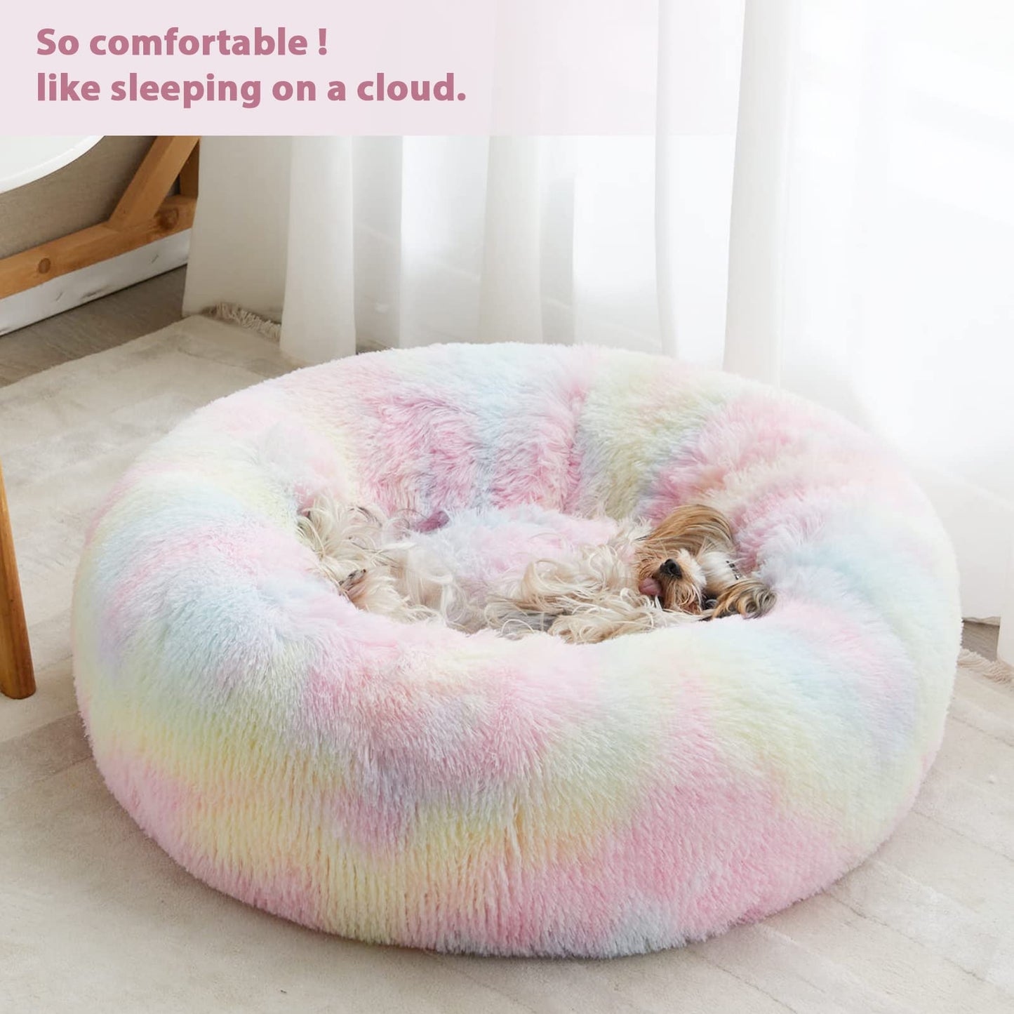 WNPETHOME Calming Dog Bed Cat Bed Donut, Faux Fur Pet Bed Self-Warming Donut Cuddler, Comfortable Round Plush Dog Beds (20 x 20 x 8 Inch, Rainbow)