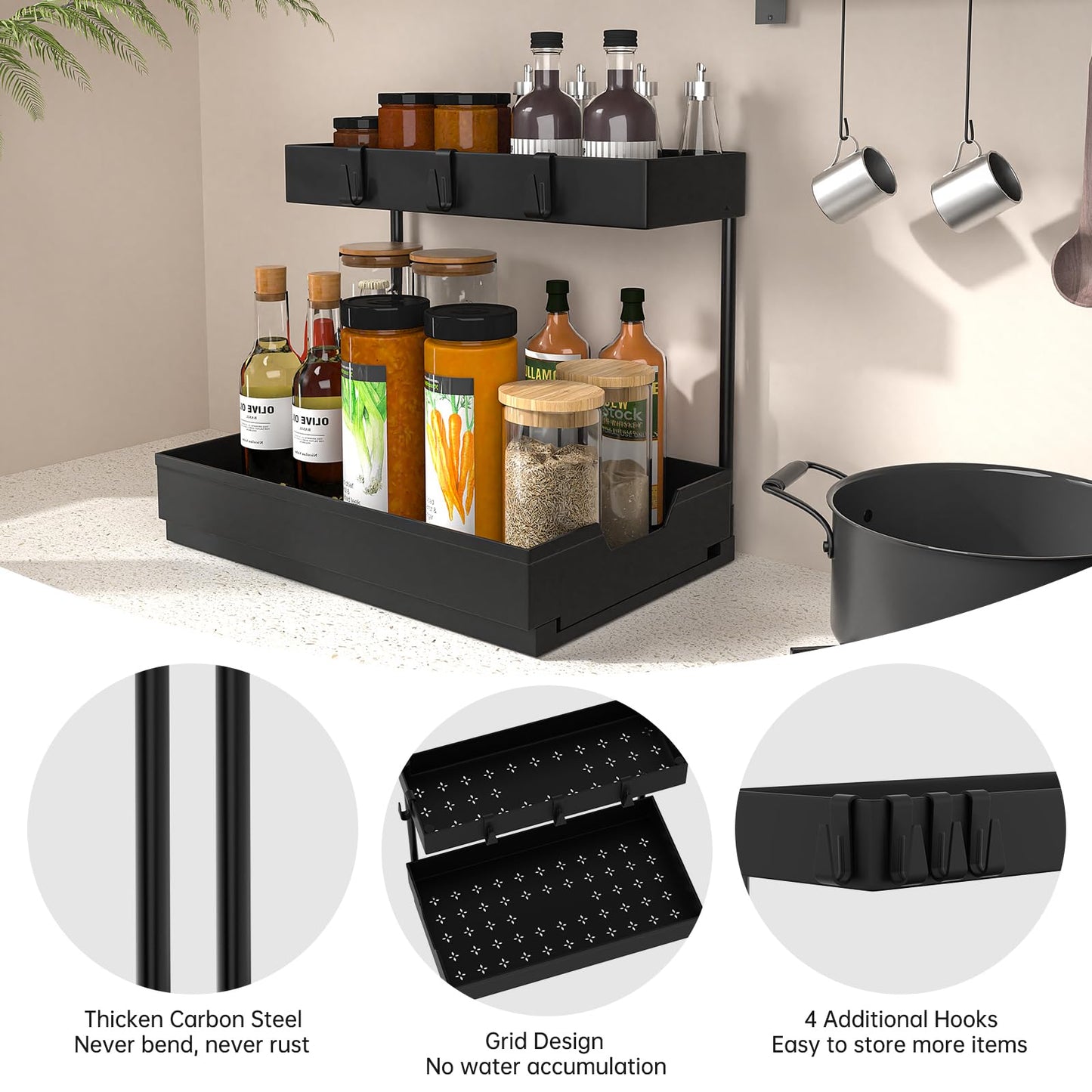 2-Tier Under Sink Organizers 2 Pack Sliding L-shape Cabinet Organizers Narrow Space Storage Shelves Multi-purpose Sink Organizer Baskets with 4 Hook for Kitchen Bathroom Drawer, Black