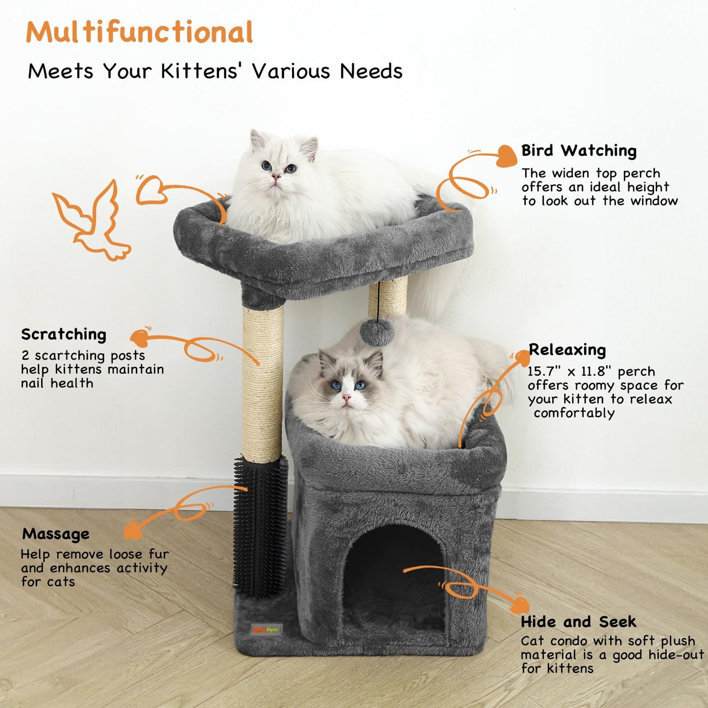 Innsfurr Small Cat Tree for Indoor Cats, Cat Tower with Scratching Posts for Multiple Cats, Plush Cozy Perch, Cat Massage Brush, Activity Hanging Pompoms, Dark Grey