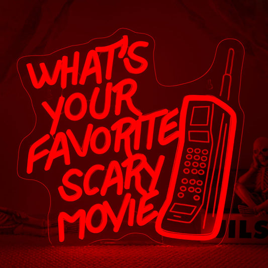 What’s Your Favorite Scary Movie Neon Sign – Red LED Wall Light with Retro Phone Design – Horror Movie Night & Halloween Party Décor