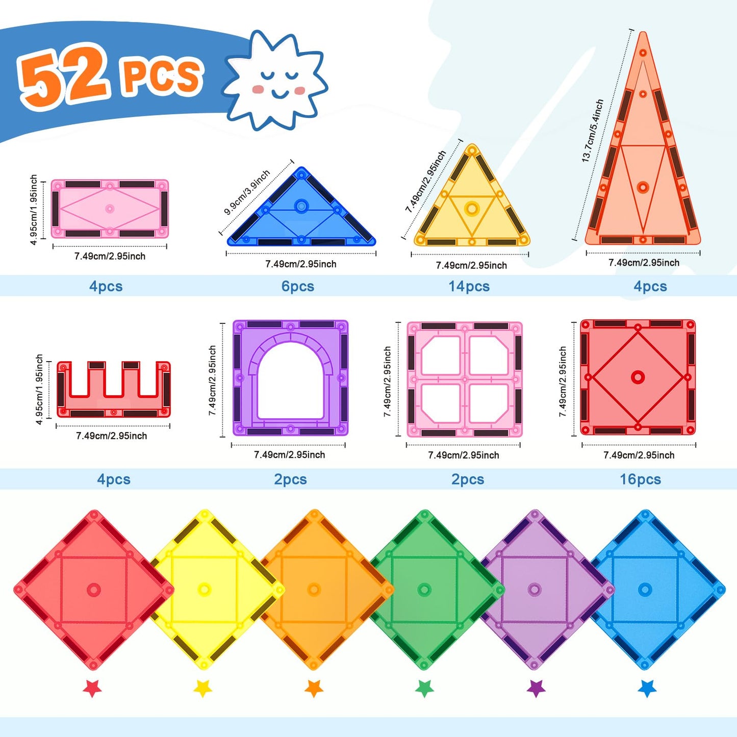 52PCS Magnetic Tiles Toys for 3 Year Old Boys and Girls Magnetic Building Blocks STEM Learning Toys Sensory Montessori Toys for Toddlers Kids