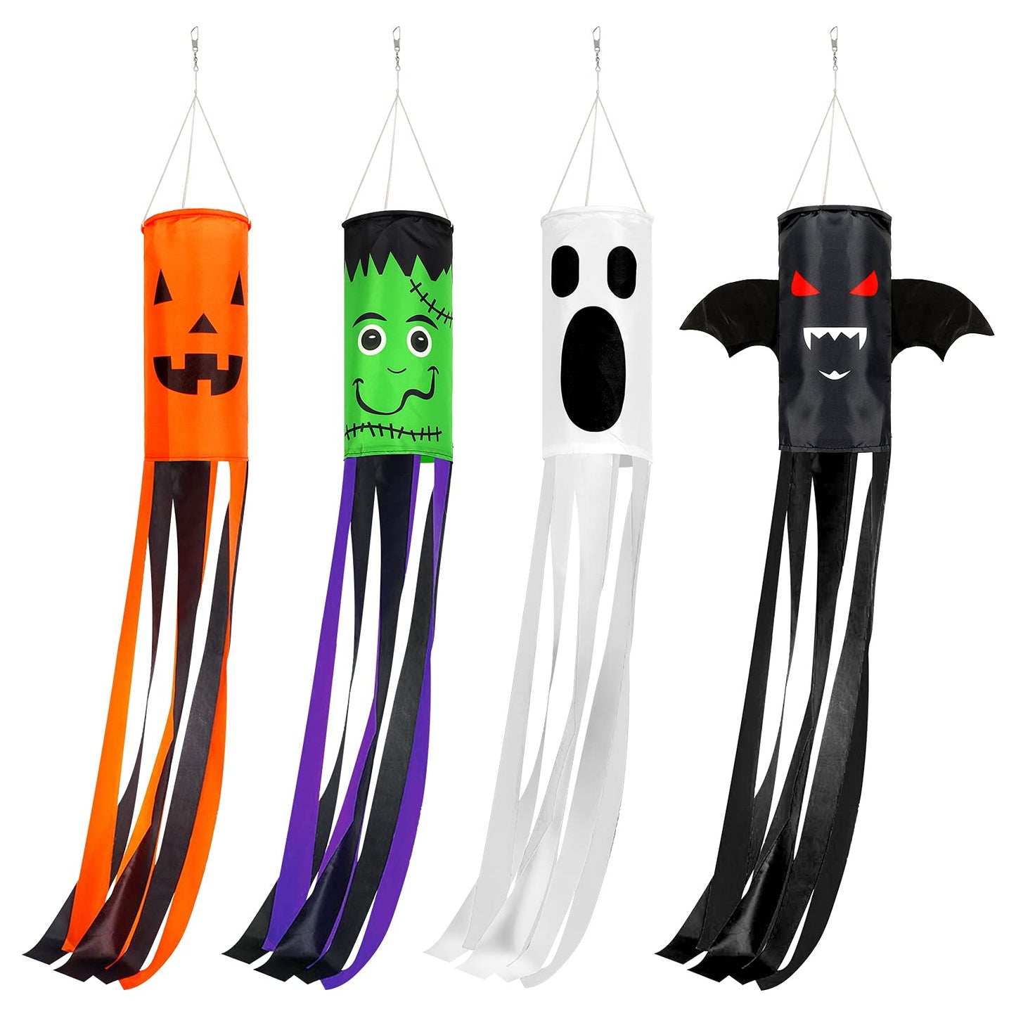 Whaline 4 Pieces Halloween Windsock Flag 39 in Spooky Cartoon Wind Socks Pumpkin Bat Ghost Monster Outdoor Hanging Decor Halloween Yard Signs for Home Patio Lawn Garden Tree Pathway Party Decoration