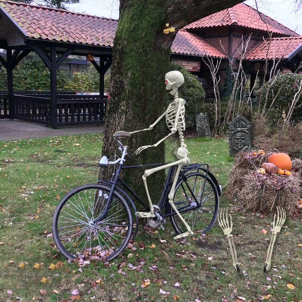 WODMAZ 5.4Ft Halloween Skeleton, Full Size Posable Skeleton with Glowing Eyes Creepy Sound, Full Body Life Size Skeleton and 2 Arm Stakes for Halloween Indoor Outdoor Haunted House Decorations