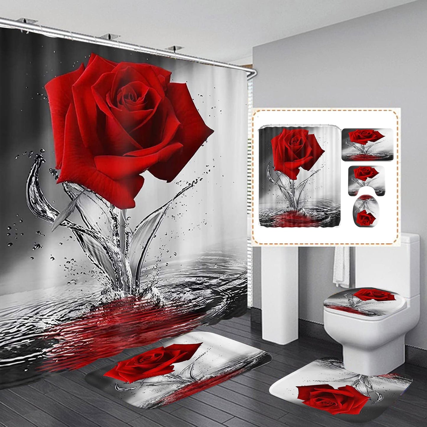 4Pcs Red Rose Shower Curtain Sets, Romantic Water Red Rose Bathroom Sets with Shower Curtain and Rugs Toilet Lid Cover Bath Mat, Waterproof Fabric Rose Gift Halloween Shower Curtains with Hooks