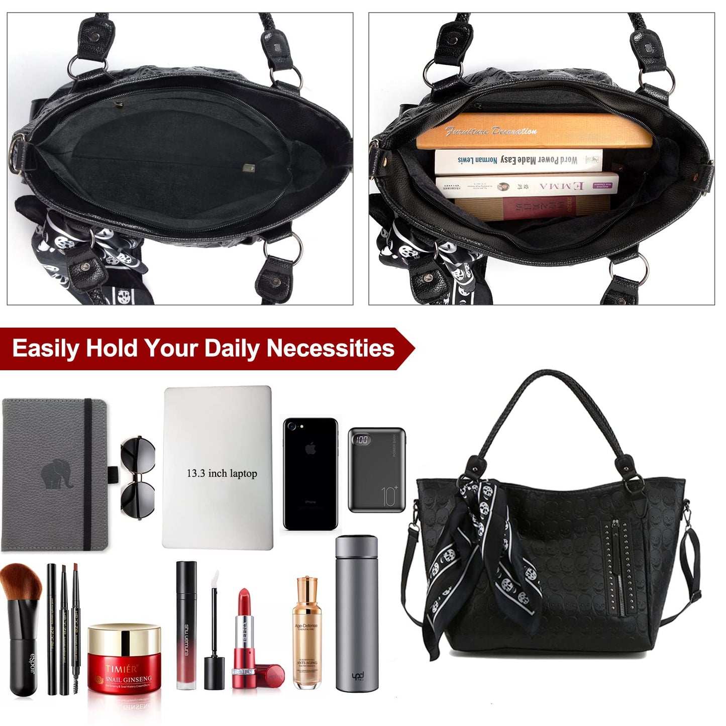 Women Skull Tote Bag Revit Studded Handbag Pu Leather Purse and Wallet Scarf 3Pcs Set