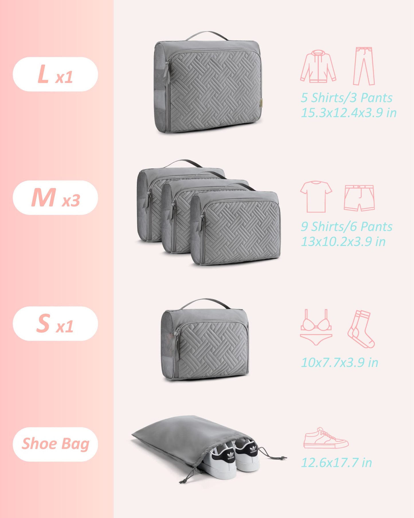 BAGSMART Quilted Packing Cubes for Travel, 6 Set Packing Cubes for Suitcases, Lightweight Travel Cubes (1 L+3 M+1 S+1 Shoe Bag) Suitcases Organizer, Grey