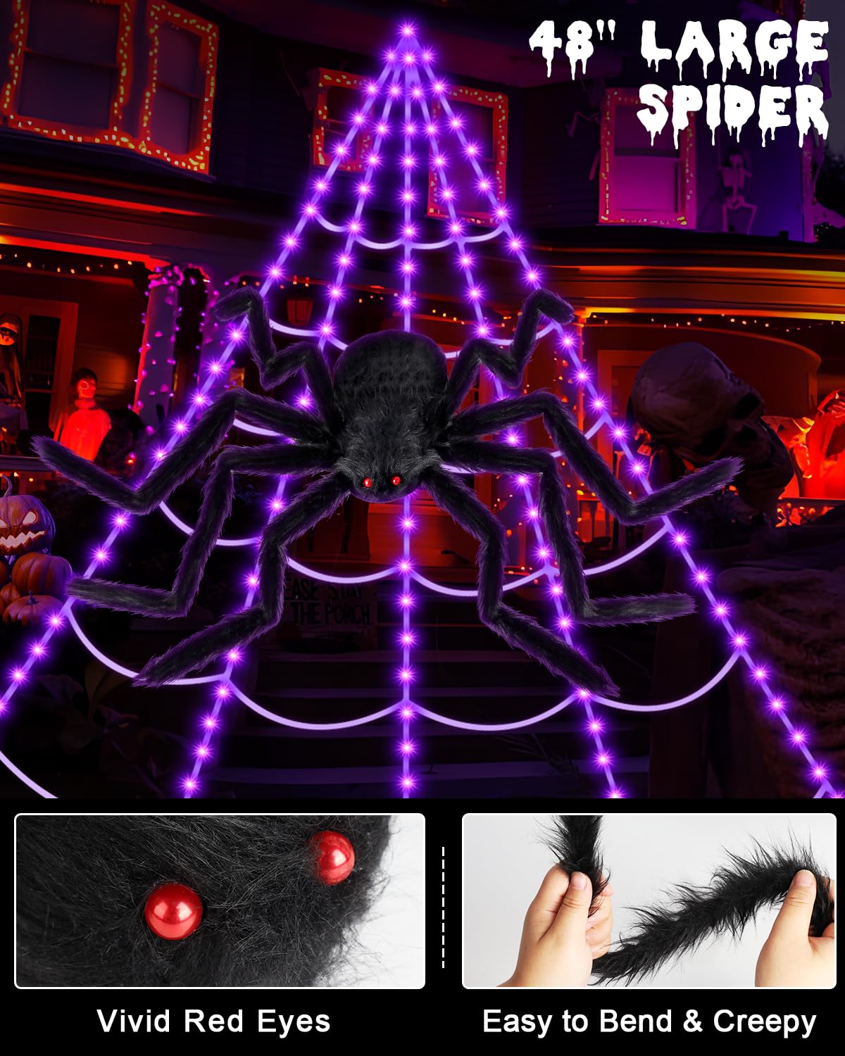Brighter Spider Webs Halloween Decorations Lights,250 Purple LED Light Up,8 Modes 16.4Ft Giant Spiderweb with Remote Control,48'' Giant Spider,Halloween Decor for Yard Outside