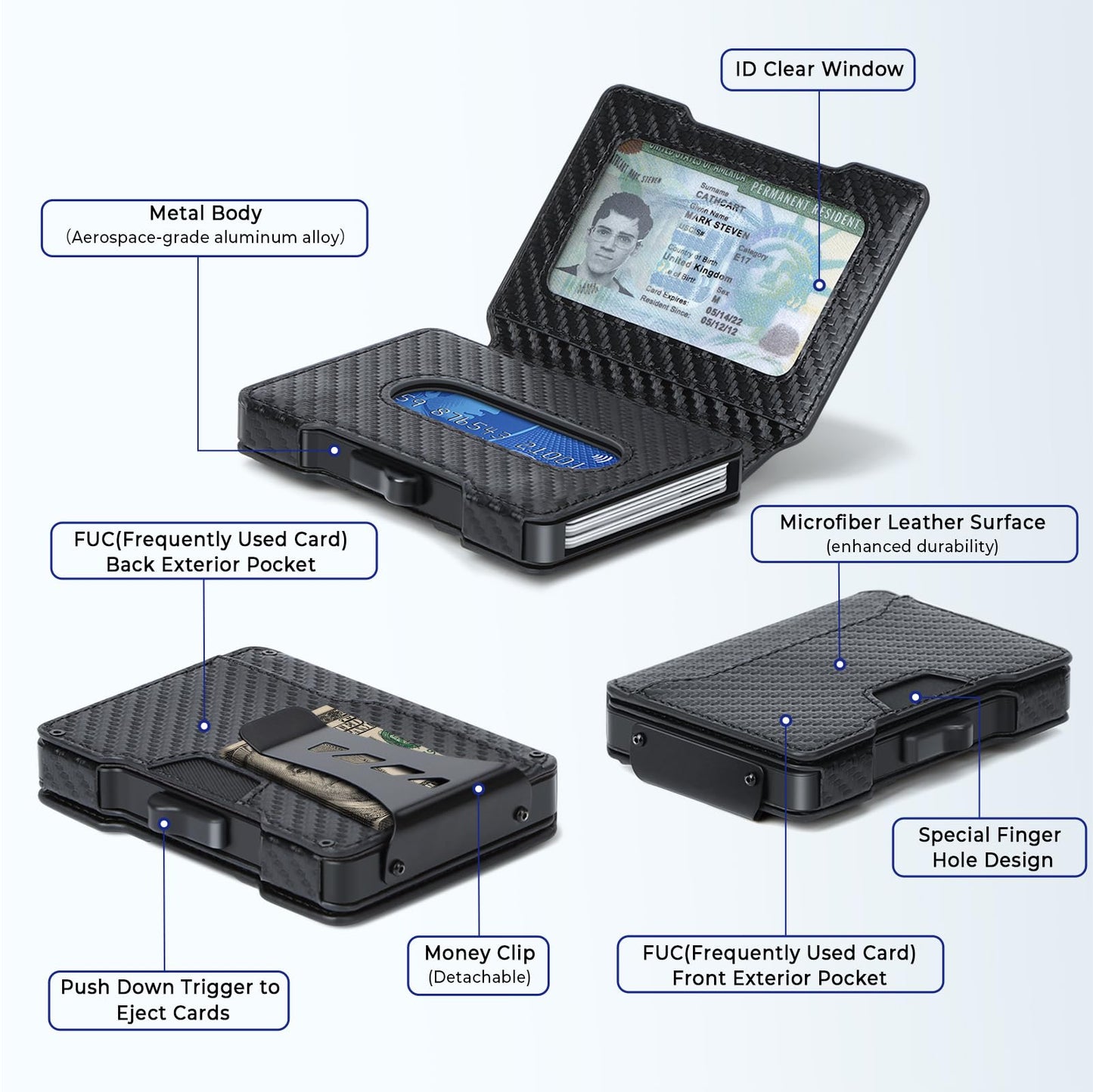 BESSIO Slim Wallet for Men - Minimalist Mens Wallet with Money Clip, Aluminum Pop Up Card Case and Leather Slots Credit Card Holder RFID Blocking Wallet for Men with Gift Box (Carbon Fiber)