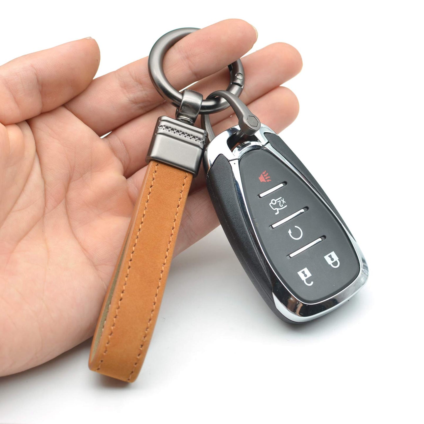 INFIPAR Car Fob Key Chain Genuine Leather Keychains Holder for Men and Women, 360 Degree Rotatable, with Anti-lost D-Ring, Circle Carabiner and Key Rings, Brown