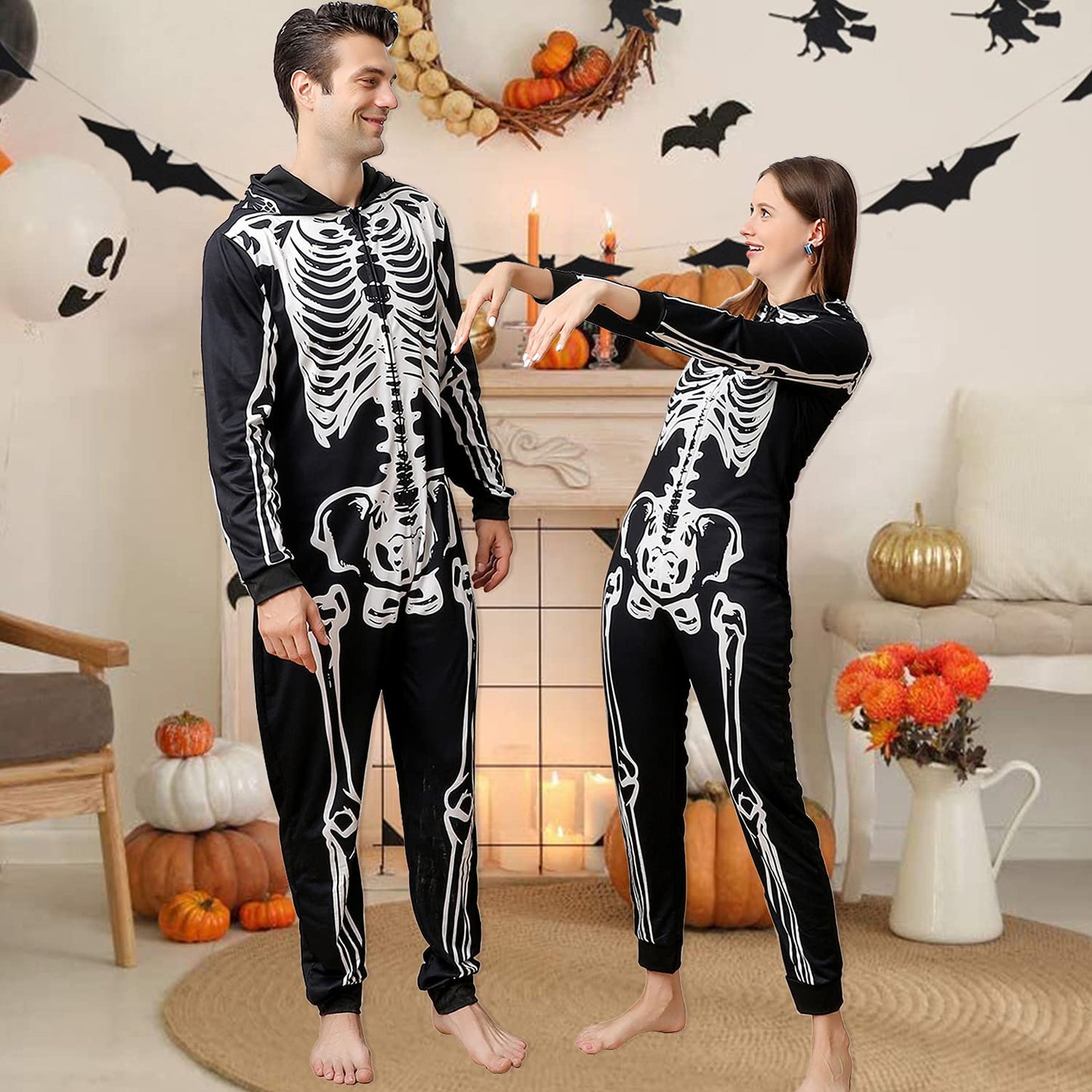 ANGELGGH Family Matching Halloween Onesie Pajamas, Funny Skeleton Printed Hooded Zippered PJs Holiday Loungewear for Men/Women (Men, M, Skull)
