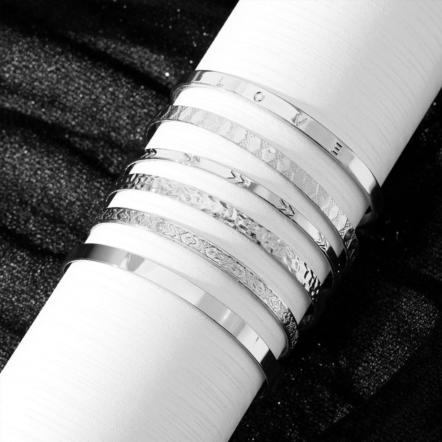IFKM Silver Bangles Bracelets For Women, Silver Plated Multi Layer Stackable Cuff Bracelet Set, Trendy Elegance Charms Non Tarnish Minimalist Textured Boho Jewelry Gift for Women