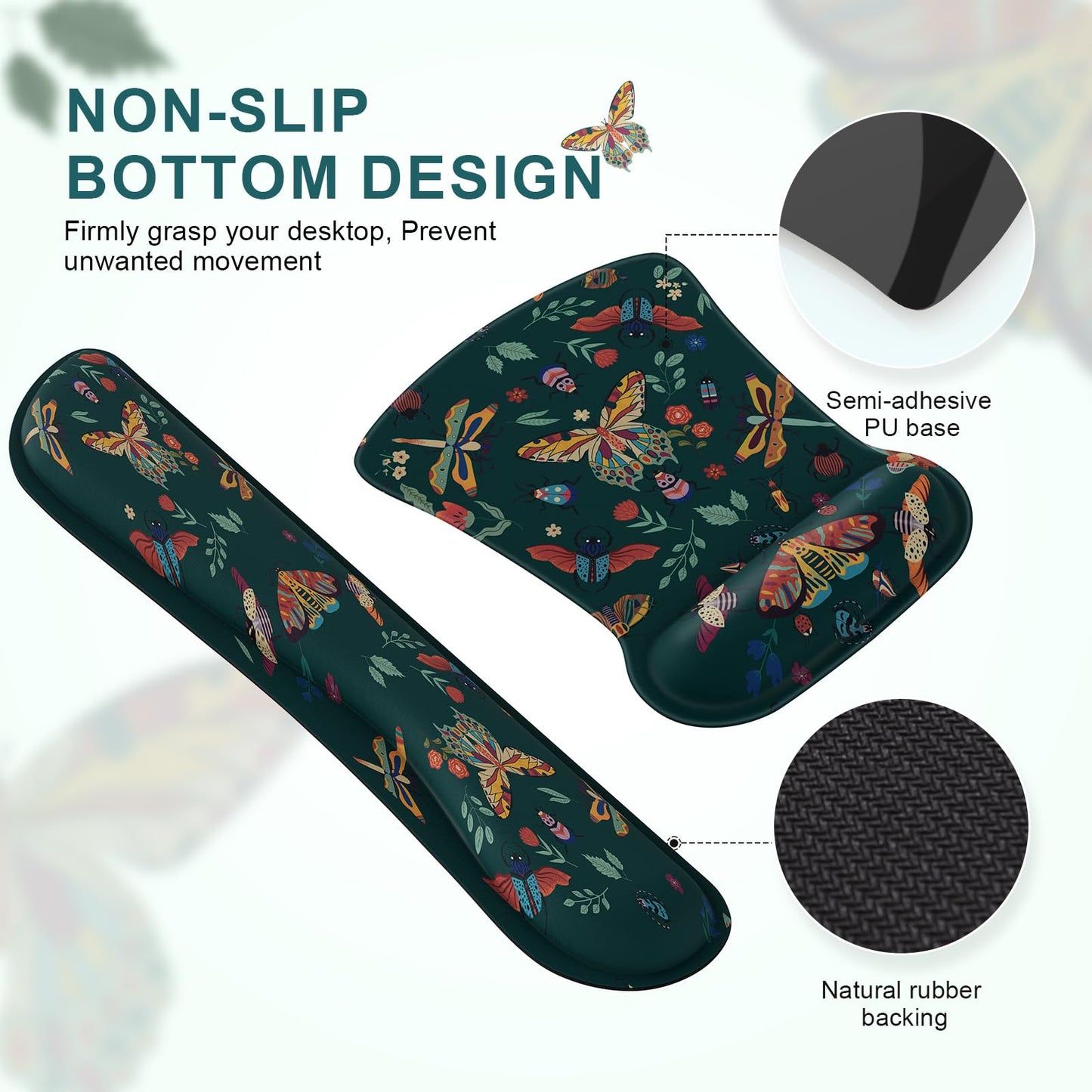 iCasso Ergonomic Mouse Pad with Wrist Rest, Keyboard Wrist Rest Mouse Wrist Rest, Made of Memory Foam, Easy Typing and Relieve Wrist Pain for Computer Keyboard Office(Green Butterfly)