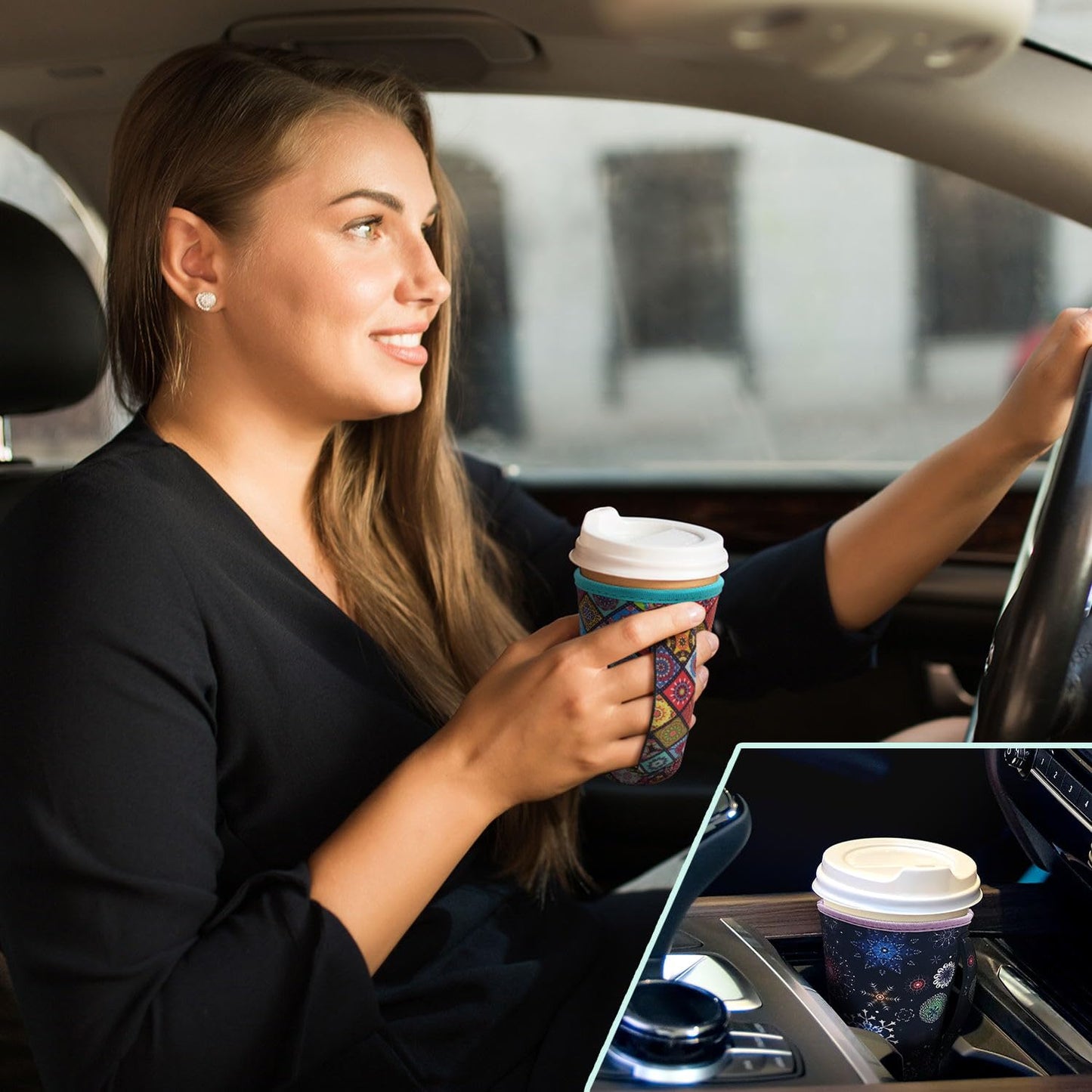 4Pack Reusable Iced Coffee Sleeve Insulator Sleeves for Cold Drinks Beverages, Neoprene Cup Holder for Most Coffee, Fits 30-32oz Large Cups (Sugar Skull with handle)