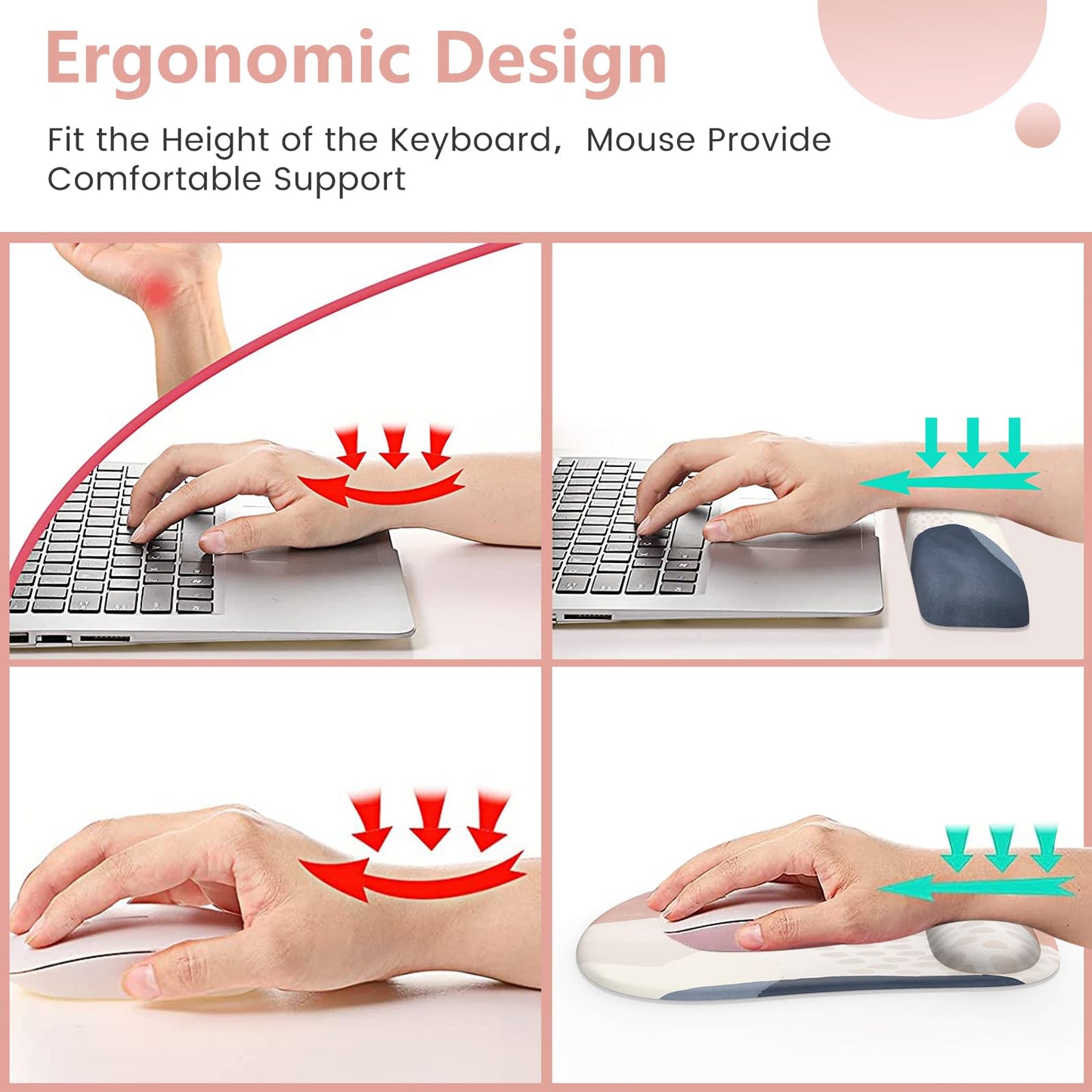HAOCOO Ergonomic Mouse Pad and Keyboard Wrist Rest Set, Gel Wrist Rest for Computer, Gaming Mouse Pad for Office Home, Pink Boho