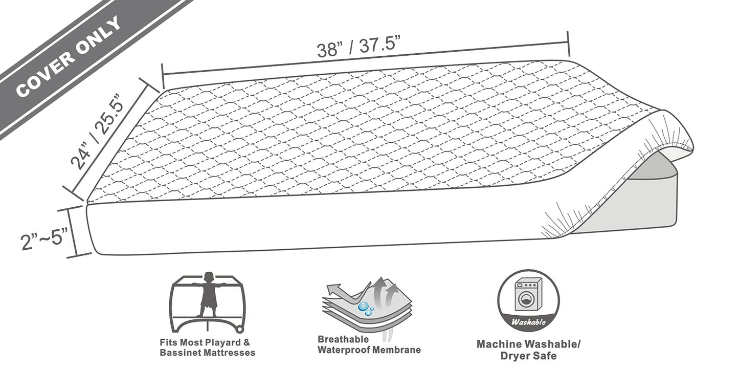 BlueSnail Quilted Waterproof Pack N Play Mattress Fitted Cover for Tollder, Portable Mini Crib Sheet, Comfortable and Breathable Playard Sheet (Light Grey)