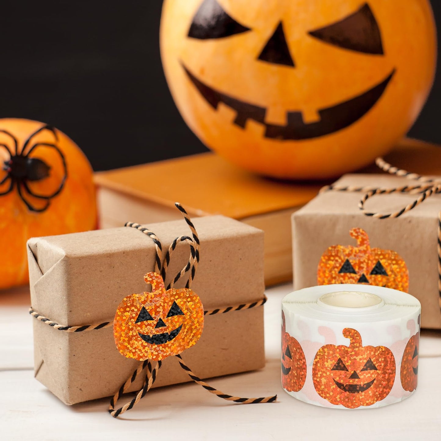 Whaline Halloween Pumpkin Stickers Roll Laser Pumpkin Shape Waterproof Decals Orange Sparkly Self-Adhesive Stickers for Halloween Trick or Treat Party Envelope Scrapbook Decor, 500Pcs