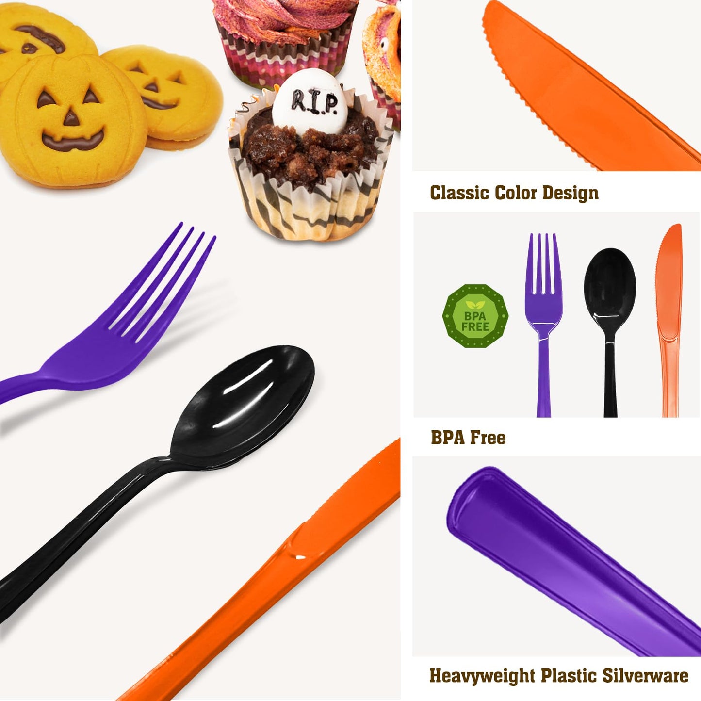60 Pcs Black Purple and Orange Plastic Forks, Halloween Plastic Forks, Heavy Duty Disposable Plastic Cutlery Set for Halloween Party Decorations