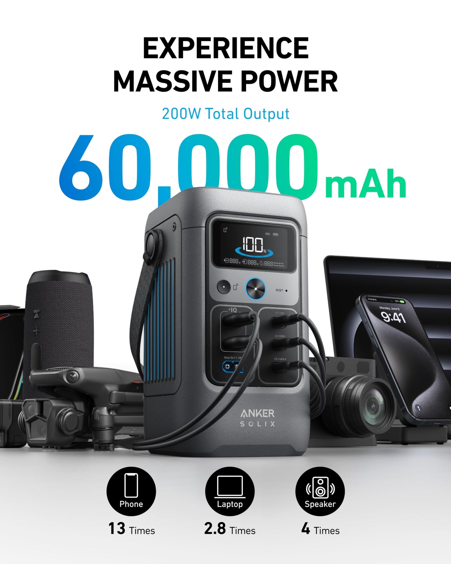 Anker SOLIX C200 DC Power Bank Station and 60W Solar Panel, 192Wh Portable Power Station, LiFePO4 Battery, 200W Solar Generator, for Outdoor, Camping, Traveling, and Emergencies