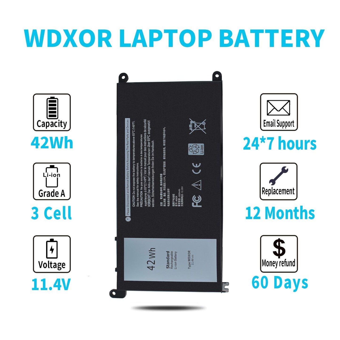 42Wh WDX0R WDXOR 11.4V Battery for Dell Inspiron 13 7375 7368 7378 5368 5378 5379 P69G 15 7573 7579 7560 7570 7569 5570 5567 5565 5568 5578 5579 5575 17 5765 5767 5770 5775 P58F P66F P75F FW8KR CYMGM