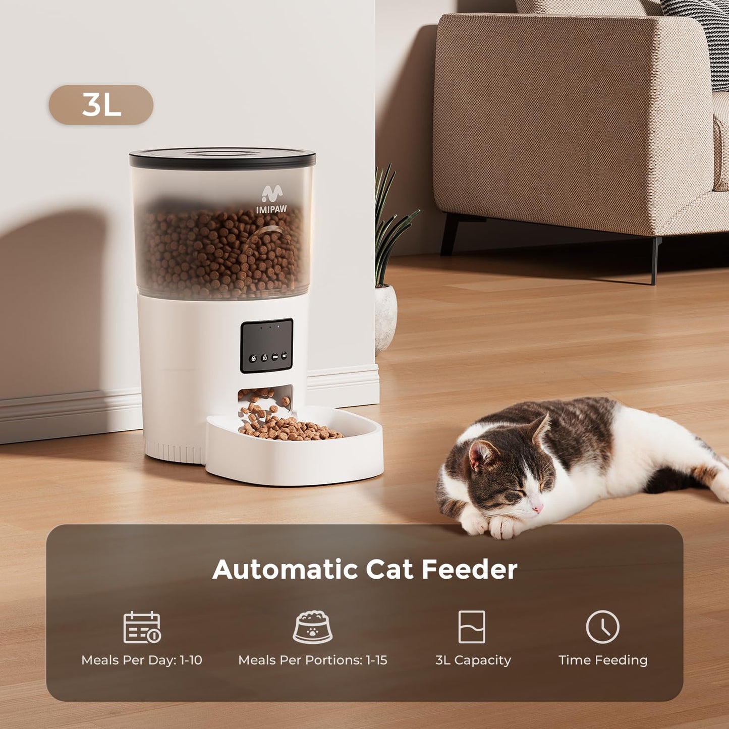 IMIPAW Automatic Cat Feeder - 3L Pet Dry Food Dispenser with Timed Programmable Portion Control, Dual Power Backup, Easy Set Up, 10 Meals Per Day for Cats and Puppies(Remote Not Supported)
