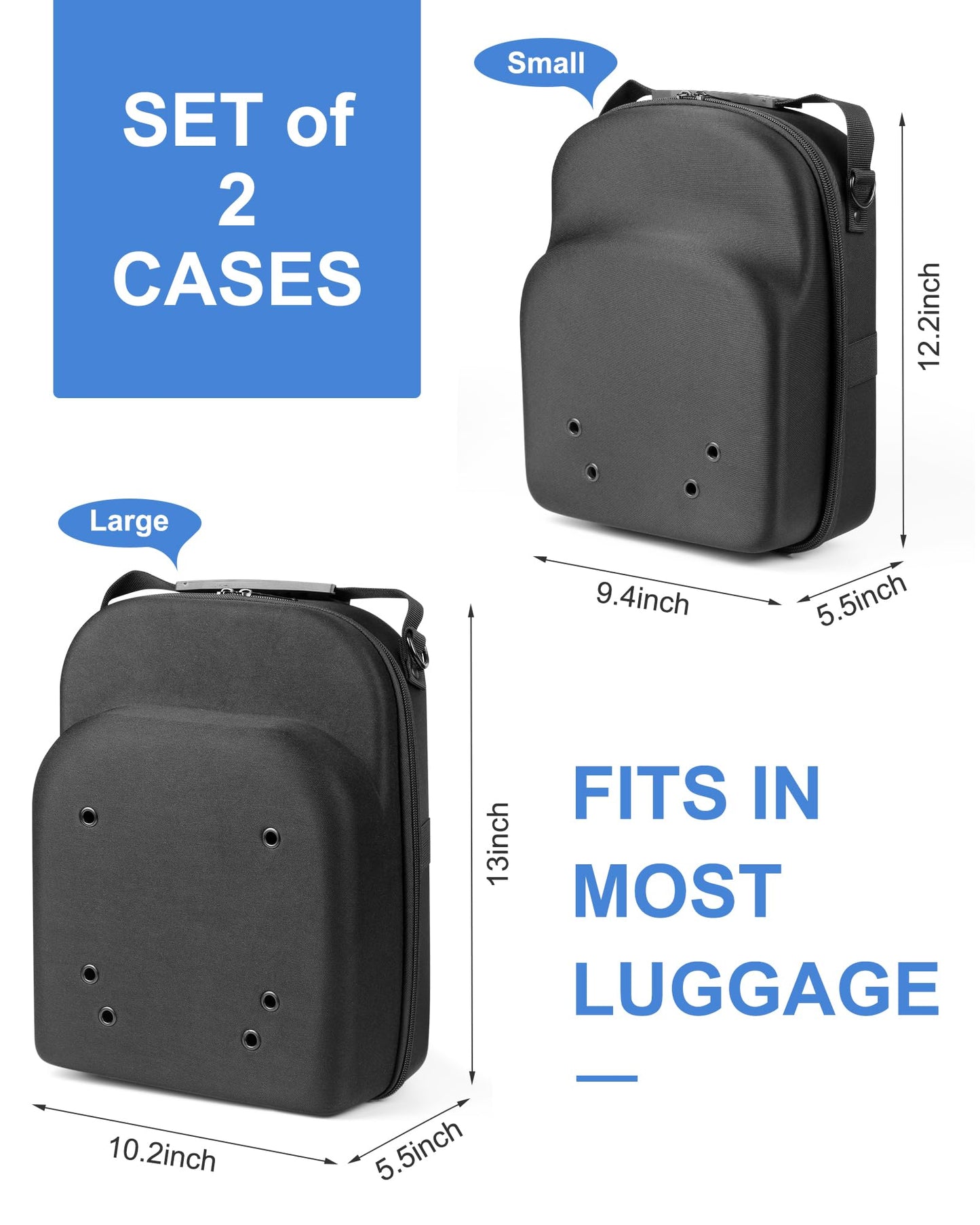Allgawise Set of 2 Hard Hat travel Cases for Baseball Caps - Hat Storage Organizer Holder with Handle, Shoulder Strap and Trolley Sleeve, Protect up to 10 Hats for Outdoor and Home Storage, Black