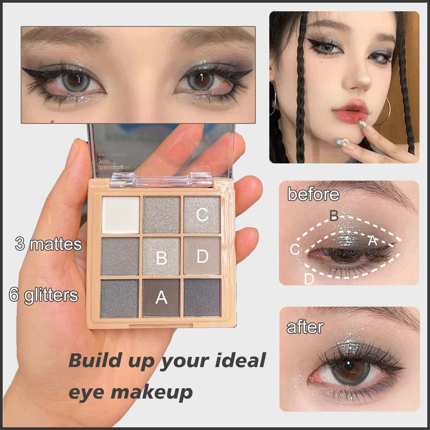 9 Color Matte & Shimmer Eyeshadow Palette, Waterproof High Pigmented Smokey and Cool-Toned Shadows in Black Gray Silver and White, Makeup Palette for Smoky Gothic and Halloween Looks(Black#)