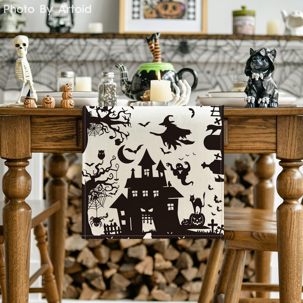 Artoid Mode Black White Spooky Haunted House Tree Ghost Witch Halloween Table Runner, Fall Kitchen Dining Table Decoration for Home Party Decor 13x72 Inch