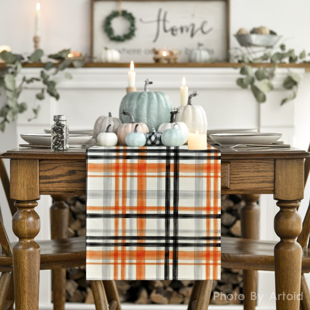 Artoid Mode Orange Black Buffalo Plaid Fall Table Runner, Halloween Kitchen Dining Table Decoration for Outdoor Home Party 13x72 Inch