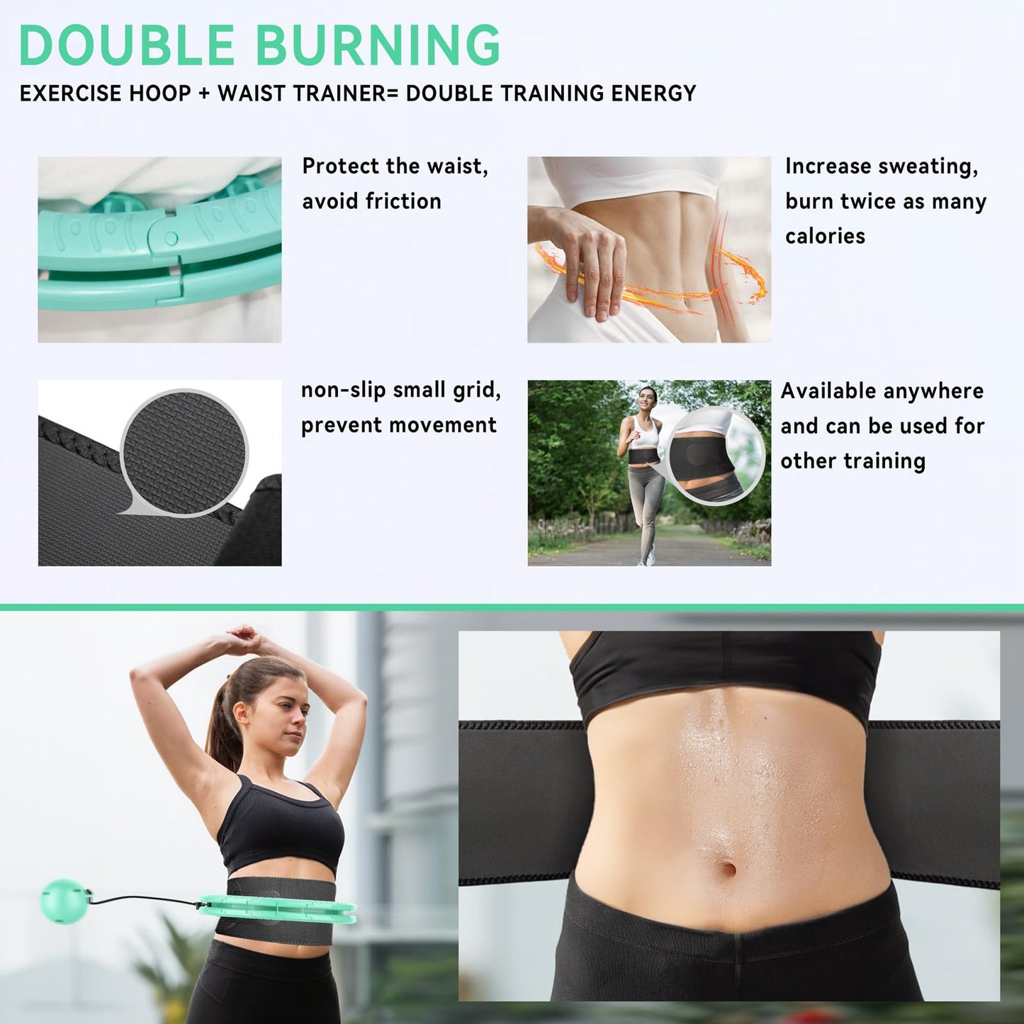 Hula Hoops for Adults Weight Loss,Infinity Weighted Hoop Plus Size with Sweat Belt,Weighted Hula Hoop Waist Trainers for Women at Home Workout Equipment (Vigorous Cyan)