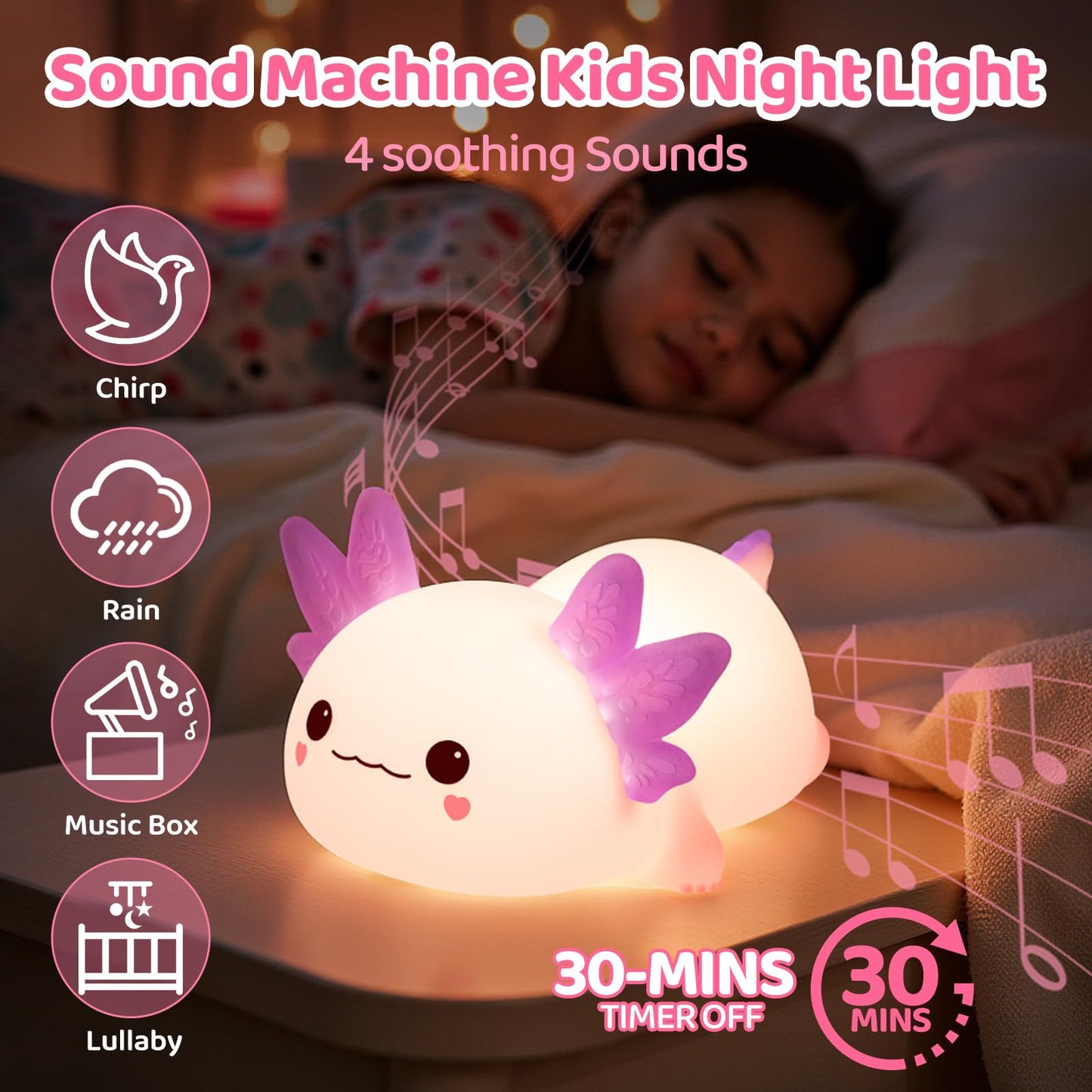 Huggwaii Squishy Axolotl Night Light for Kids, 4 Soothing White Noise Sounds, Dimmable Silicone Axolotl Toddler Lamp, 2025 Upgraded Rechargeable Nightlight, 9H Battery, Baby & Girl Room Decor Gifts
