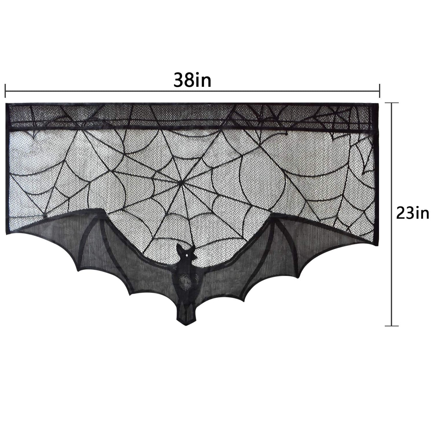 ZeeDix 2 Pcs Halloween Black Lace Bat Window Curtains- Spiderweb Tablecloth Bat Shower Curtain Window Valance Spider Cobweb Fireplace Mantles Scarf for Halloween Party Decor, Party Supplies