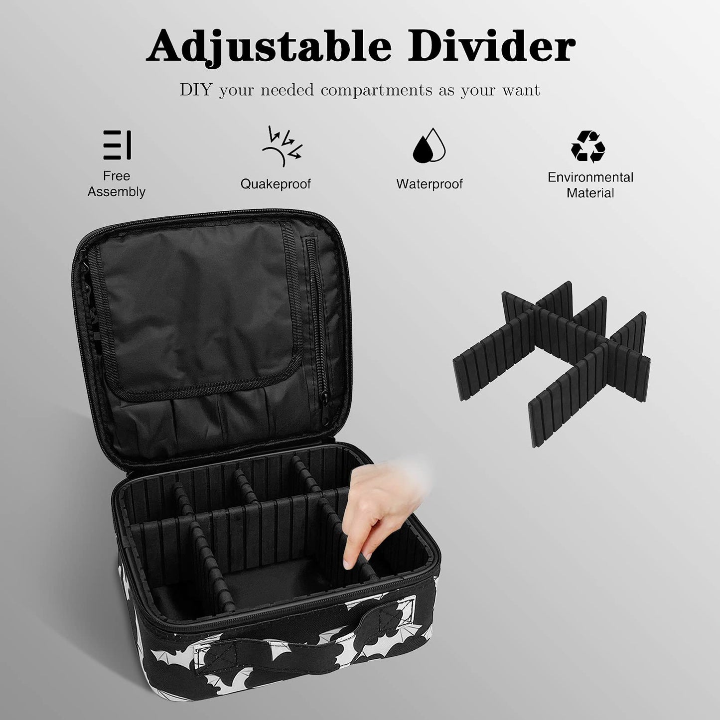 9CH Goth Makeup Organizer Bag, Halloween Makeup Bags Large Cosmetic Bag with Adjustable Dividers Portable Bat Cosmetic Case for Make up Brushes Toiletry Jewelry(Black Bats)