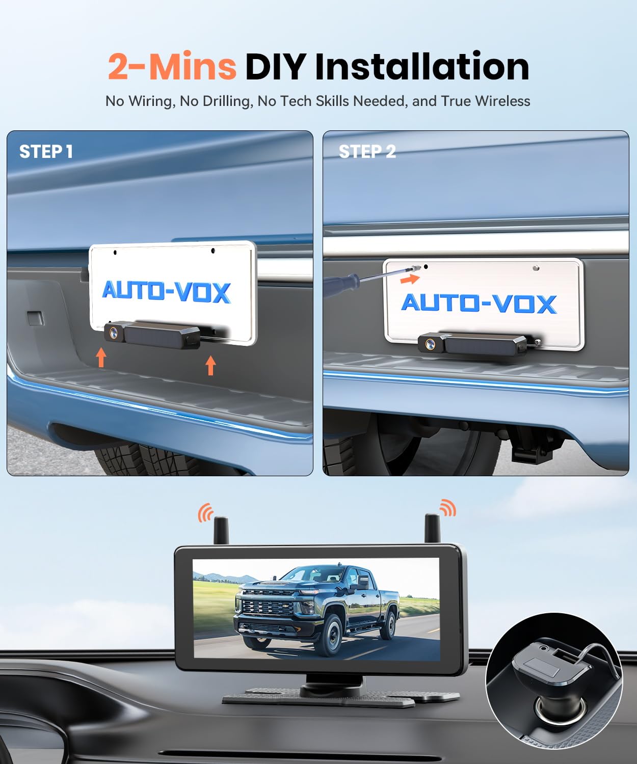 AUTO-VOX 7.2" DVR Portable Solar Wireless Backup Camera:HD 1080P 2 Min Quick Installation Support 2 Split Screen Back up Camera, IP69K Waterproof Reverse Camera for Car, Van, SUV, Truck, Trailer