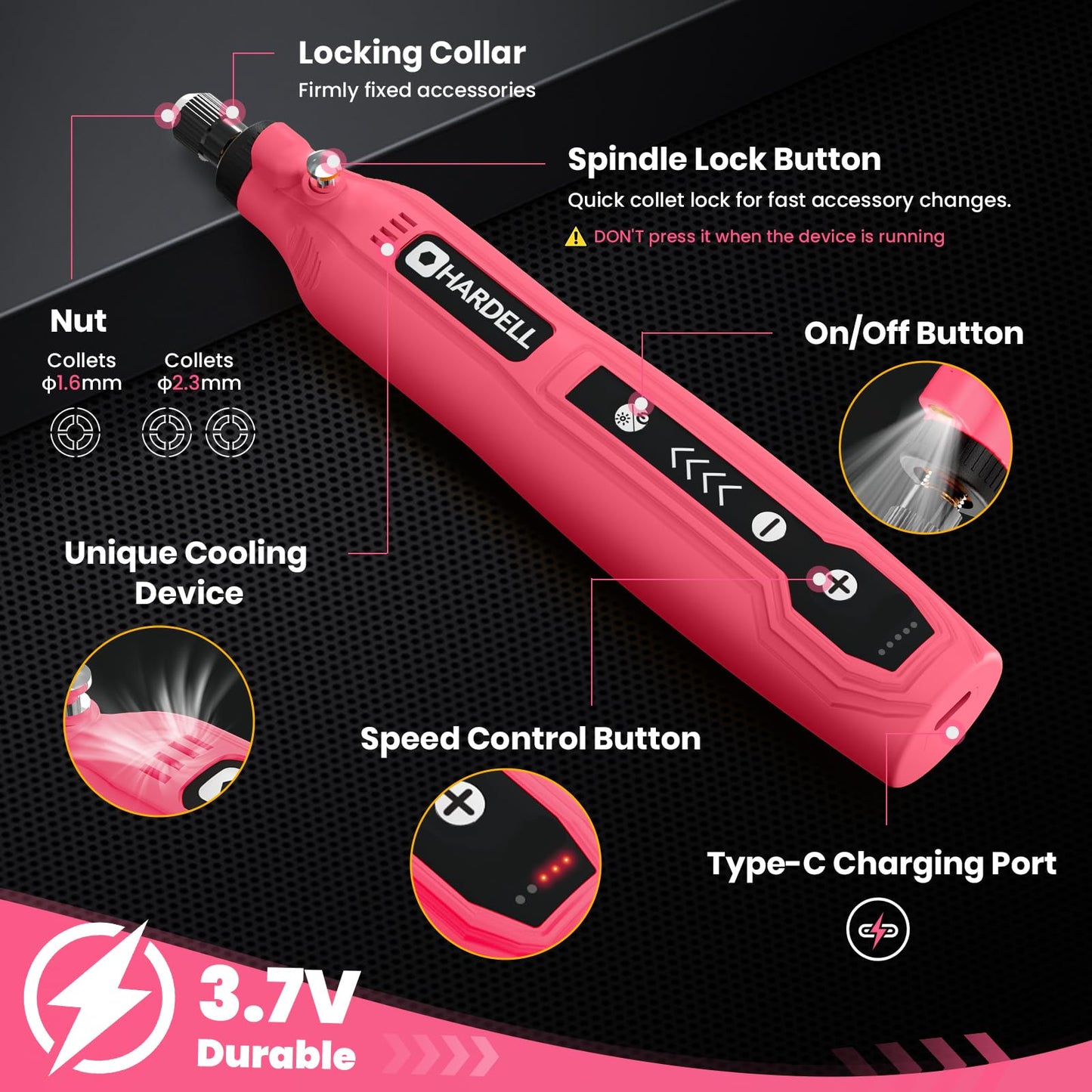 HARDELL Mini Cordless Rotary Tool, 5-Speed 3.7V Rechargeable Rotary Tool Kit with 61 Accessories, USB Charging Multi-Purpose DIY Tool for Sanding, Polishing, Drilling, Engraving, Woodworking