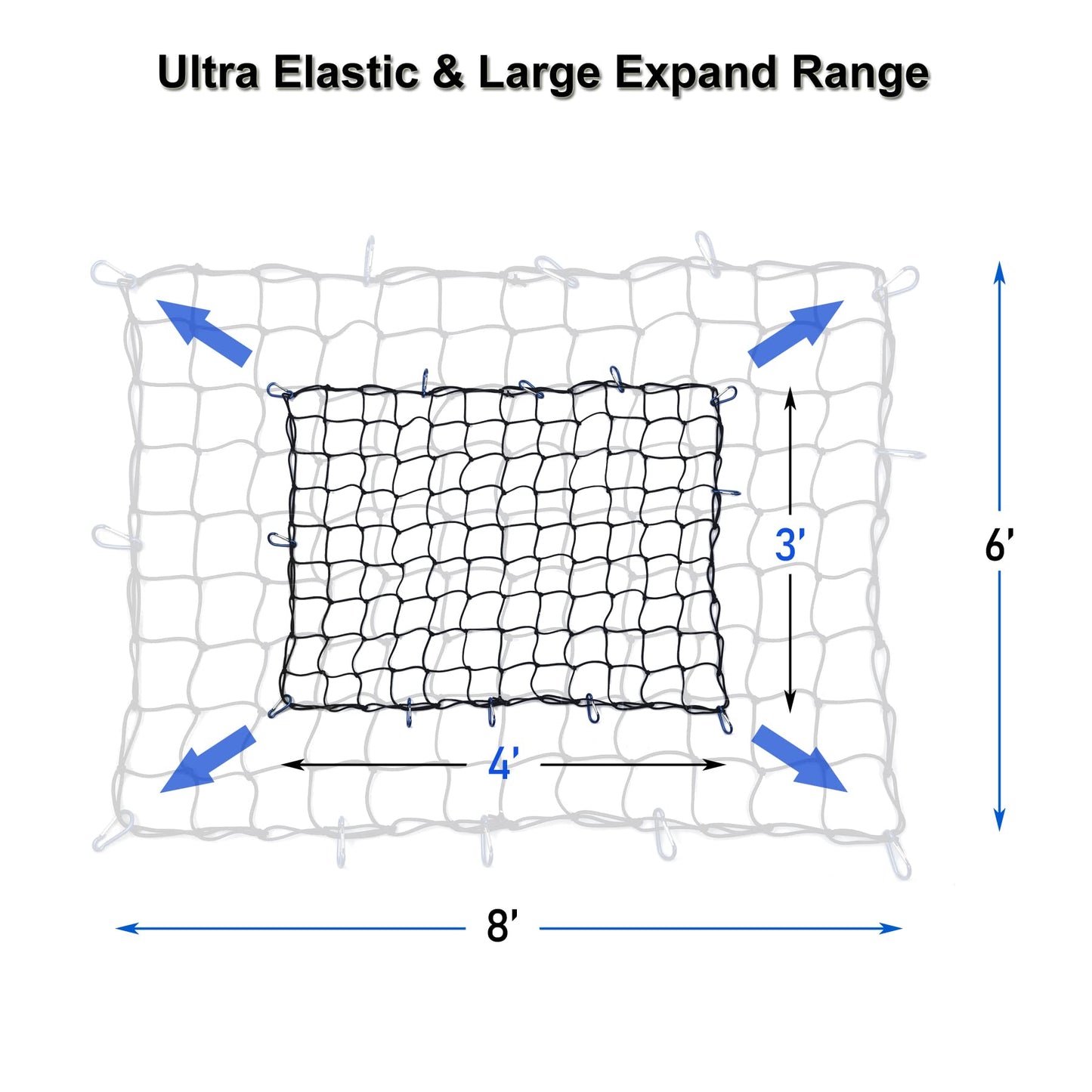 Amiss 3' x4' Stretches to 6' x 8' Truck Cargo Net, Roof Rack Cargo Net for Pickup Trucks SUV, Heavy Duty Truck Bed Cargo Bungee Net with 12 Blue Clips and Storage Bag, Car Exterior Accessories