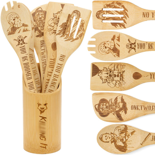 6Pcs Horror Movie Character Cooking Gift Set Wooden Spoons Utensils with Matching Holder - Halloween Movie Merchandise Laser Engraved Bamboo Spoons Set for Halloween Film Gifts, Horror Decor for Party