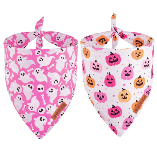 ADOGGYGO Halloween Dog Bandana, Pink Pumpkin Ghost Pet Scarf, Premium Durable Fabric, Adjustable Fit Female Halloween Bandanas for Medium Large Dogs Pets (Large)