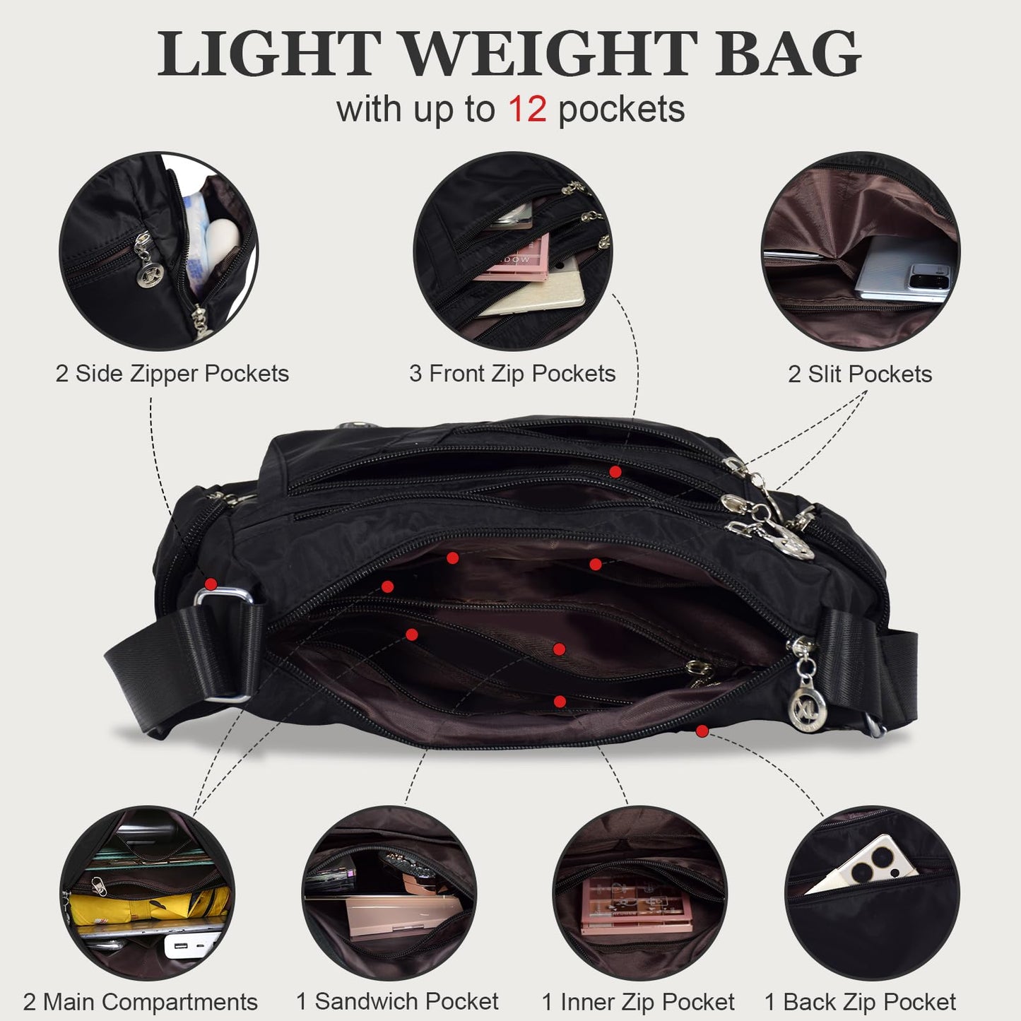 WITERY Nylon Crossboby Bags for Women - Waterproof Zipper Multi-Pocket Crossboby Purse Lightweight Shoulder Bag, Casual Ladies Pocketbooks Small Travel Purse Messenger Bags Medium Handbag Tote