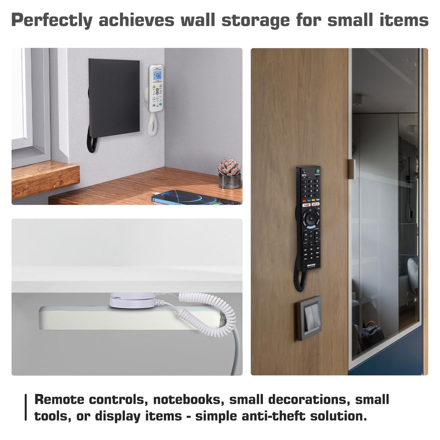 2-Pack Magnetic Remote Control Holders with Spring Ropes - Safely Secure Remotes & Small Items, Wall-Mount with Adhesive, Anti-Loss, Rapid Adsorption, Extendable Spring (Black 43 inch, 2 Pack)