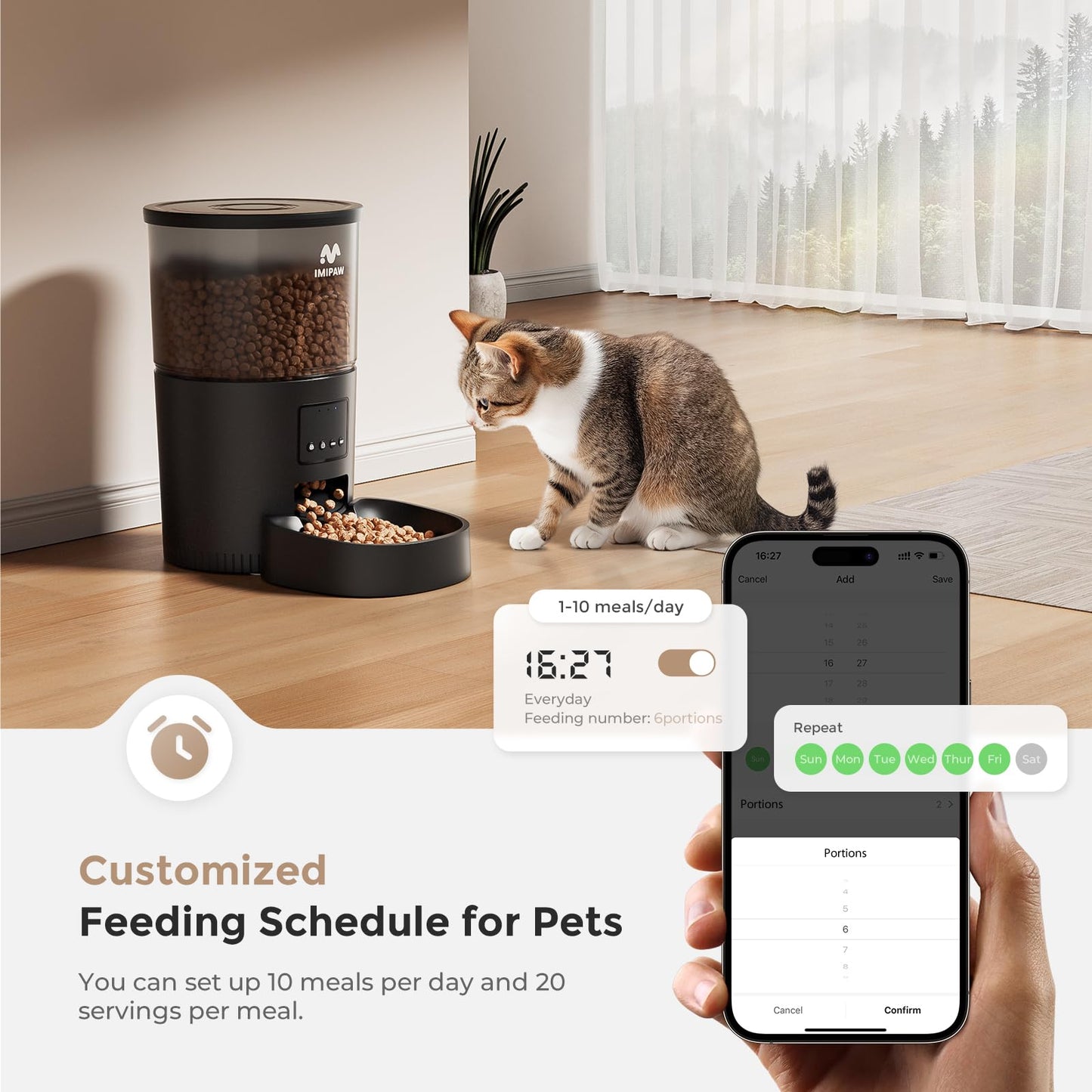 IMIPAW Automatic Cat Feeder, 5G WiFi Cat Food Dispenser with APP Remote Control, Pet Dry Food Smart Feeder, Programmable Timed Feeding, Dual Power Supply, 1-10 Meals Per Day