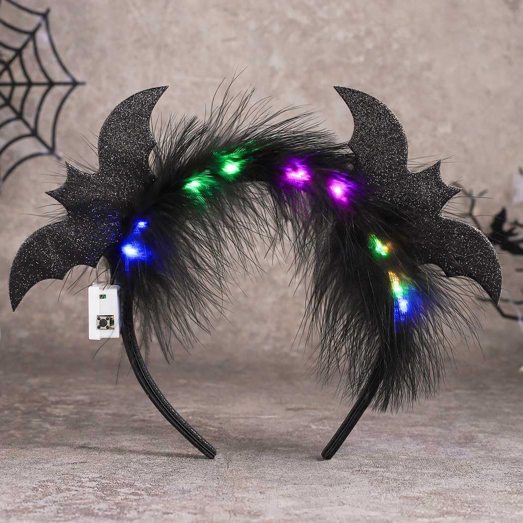 CAKURE Light Up Halloween Headband Led Black Feather Headpiece Glowing Bats Hairbands Nightclub Festivel Party Headwear Rave Hair Accessories