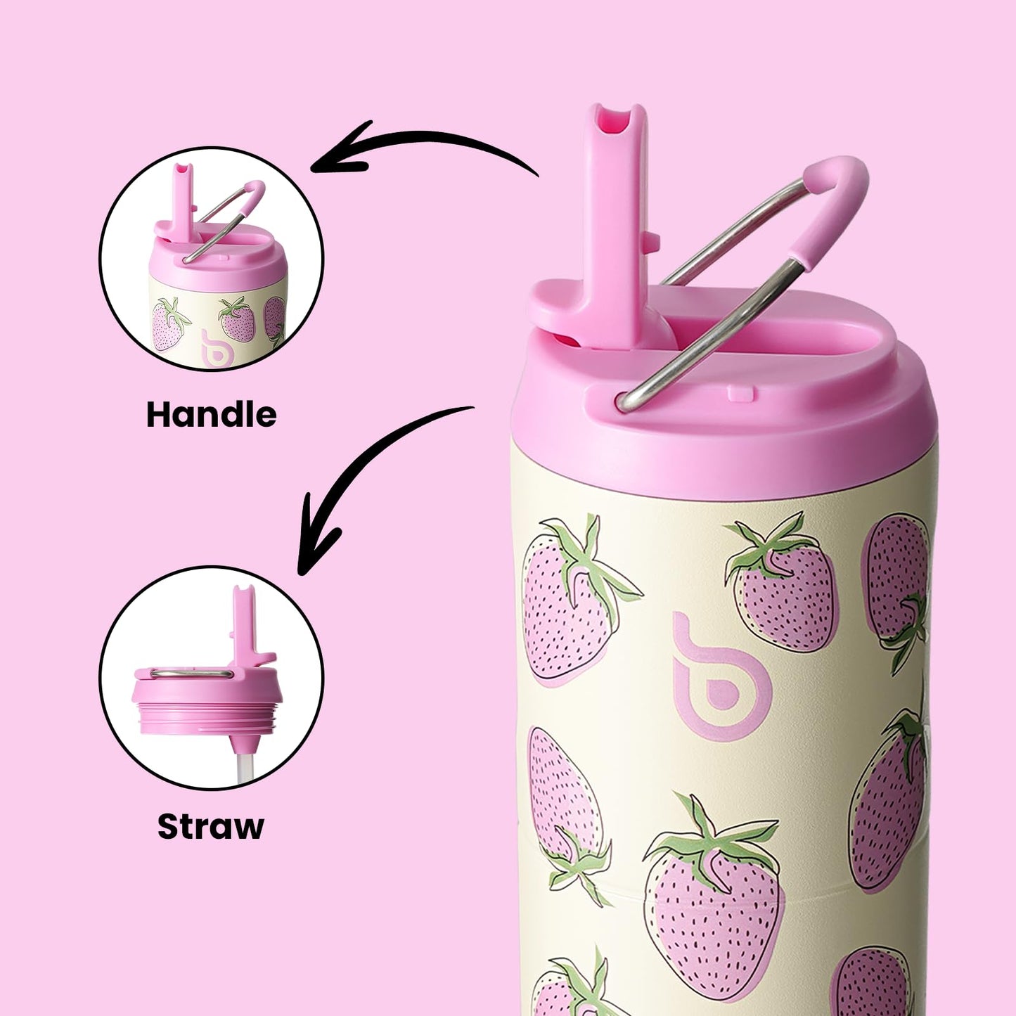 BOTTLE BOTTLE Insulated Water Bottle 24oz with Straw Lid and Handle for Sports Travel Gym Stainless Steel Water Bottles Double-Wall Vacuum Metal Leak Proof BPA-Free (Strawberry)
