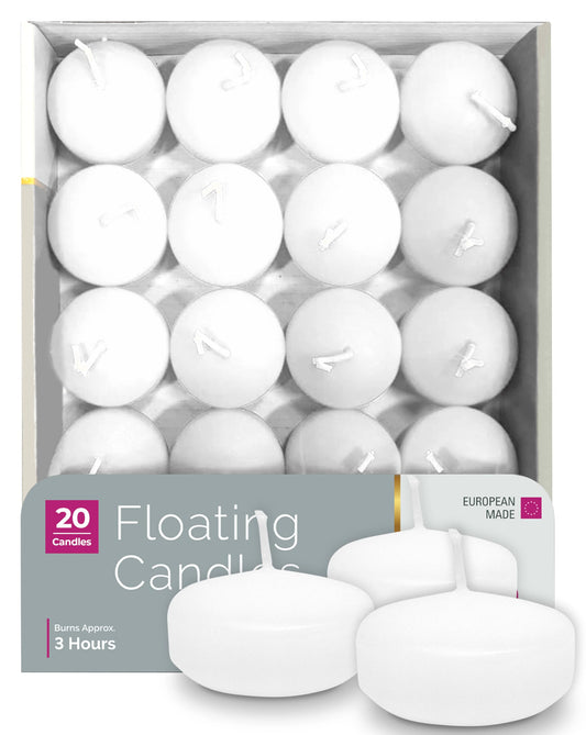 HYOOLA Premium White Floating Candles 1.75 Inch - 3 Hour - 20 Pack - European Made