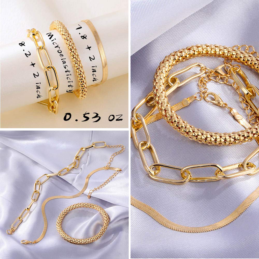 IFKM 6 PACK (24 PCS) Boho Gold Chain Bracelets Set for Women, 14K Gold Plated Multiple Layered Stackable Open Cuff Wrap Bangle Adjustable Link Italian Cuban Jewelry for Women Gift