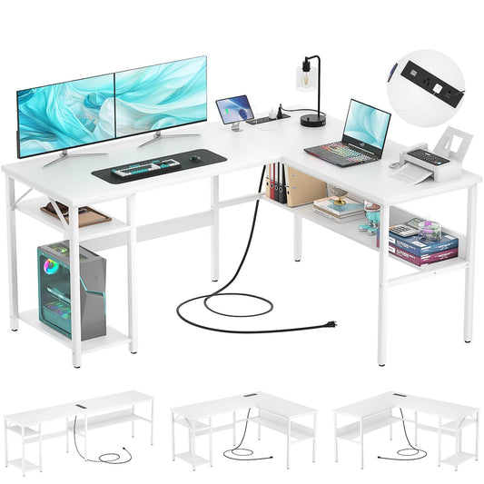 Hyomdeck Reversible L Shaped Gaming Desk with Power Outlets and USB Charging Ports, Sturdy Computer Desks with Storage Shelf, Modern Corner Desk Home Office Table, Easy to Assemble, White