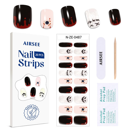 AIRSEE Semi Cured Gel Nail Strips Kit(Blood Moon)-Works with Any UV Nail Lamps Light,Halloween Long Lasting, Easy to Apply & Remove - Includes 20Pcs 2 Prep Pads, Nail File & Wooden Stick