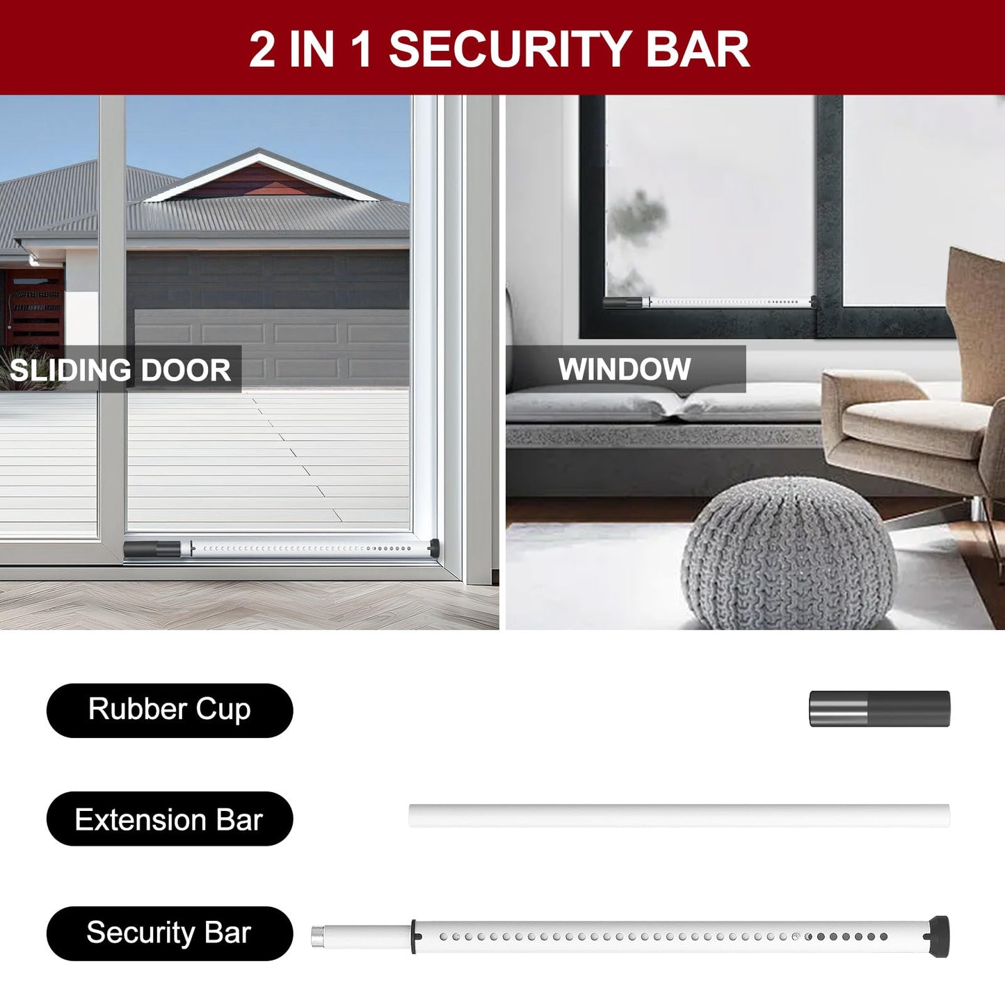 AceMining Sliding Door Security Bar,Heavy Duty Sliding Patio Door Lock Bar, 20-50inch Adjustable Multi-use Window Security Bars, Sliding Door Stopper,White,1Pack