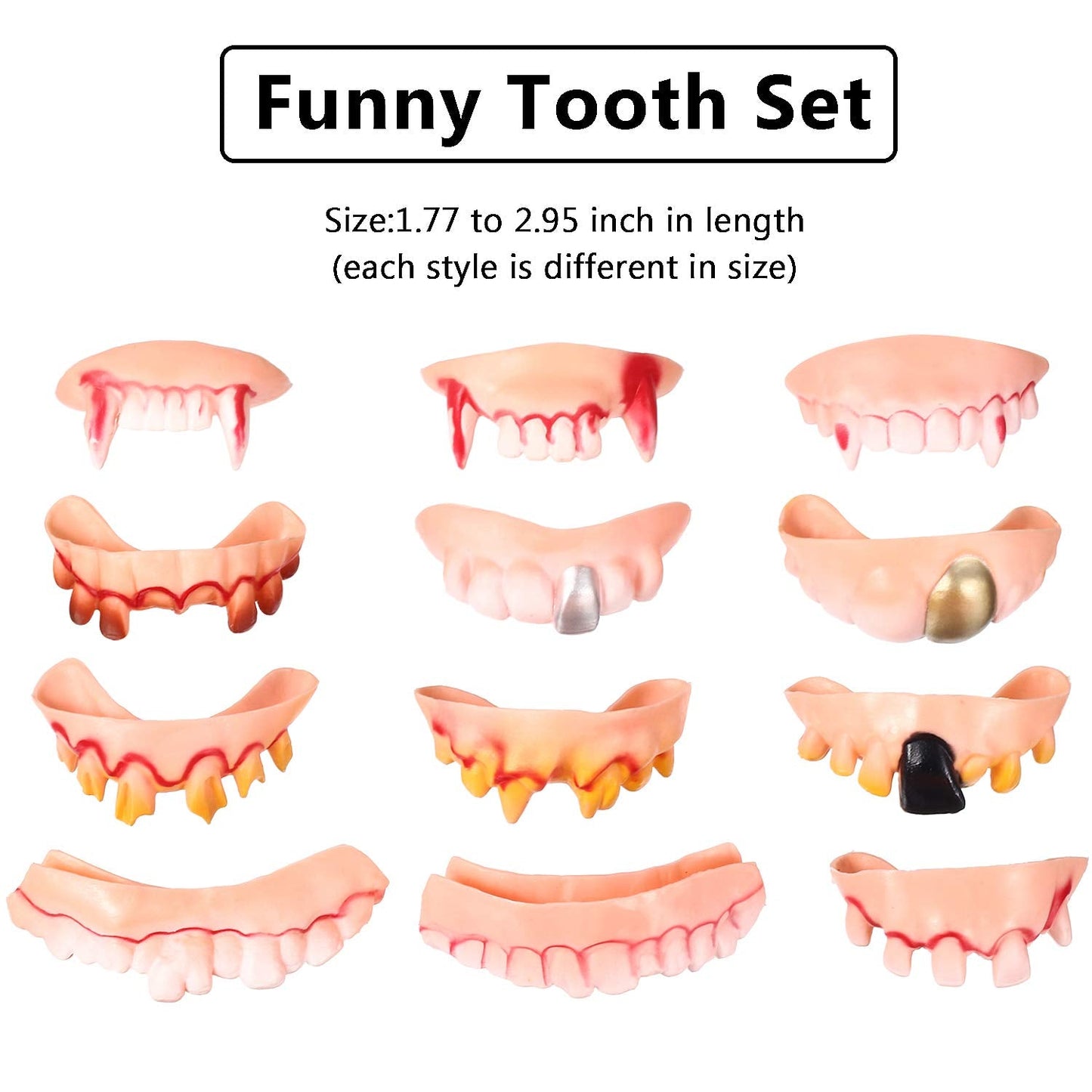 Boao 24 Pieces Halloween Vampire Teeth Fake Gnarly Gag Teeth Ugly Joke Tooth Prank Denture Funny Costume for Halloween Cosplay Photos Props, Birthday Surprise Party Favors