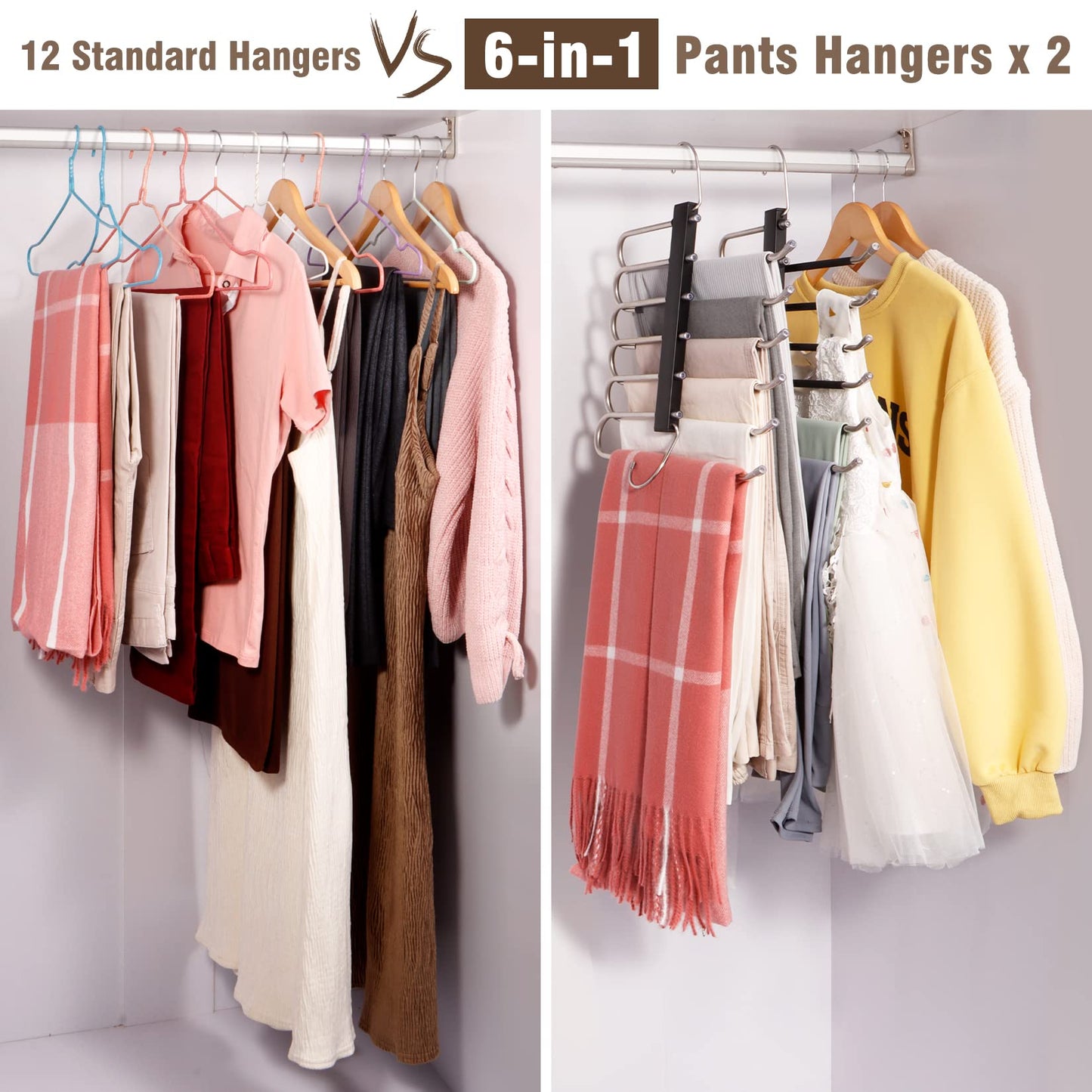 HUITEM Space Saving 6 Tier Pant Hangers, Anti-Slip, Stainless Steel, 2 Pack, Black